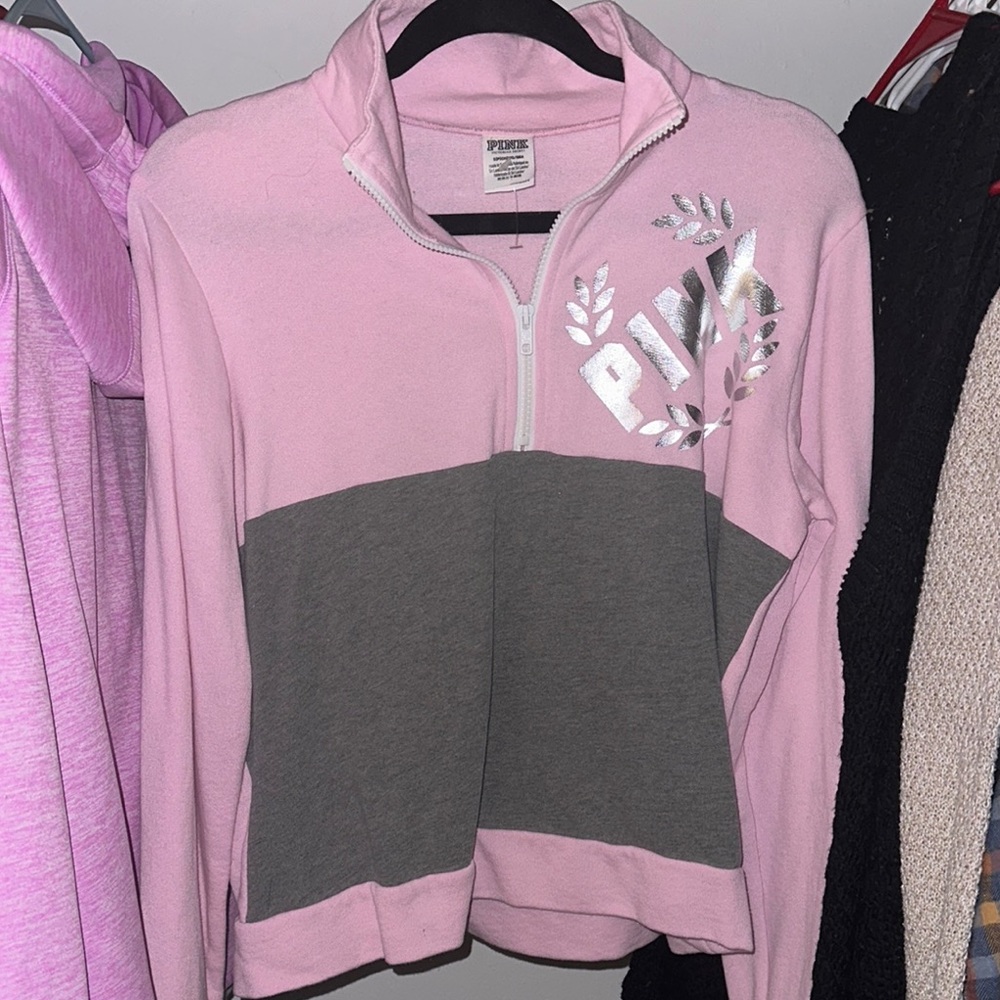 PINK Victoria's Secret Women's Pink and Gray Quarter-Zip Top